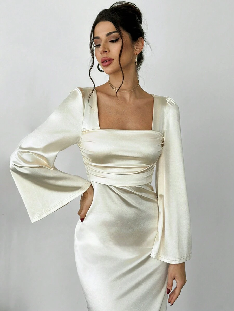 Firerie Váy Maxi Chữ A Ôm Cổ Vuông Màu Be Mới Cho Lễ Hội, Tay Loe, Thắt Lưng, Dáng Vuông, Sang Trọng, Xuân/Hè, Trang Phục Ngày Lễ Tình Nhân - Màu Khaki - Xem 1