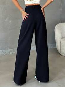 EURMUSE Women Solid Color High Waist Straight Pants - Navy Blue - View 2