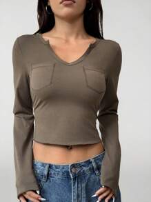 SHEIN MOOSTA Áo thun tay dài cổ tim Essential hiệu ứng giặt, Thu/Đông - Màu xanh Ô liu - Xem 6