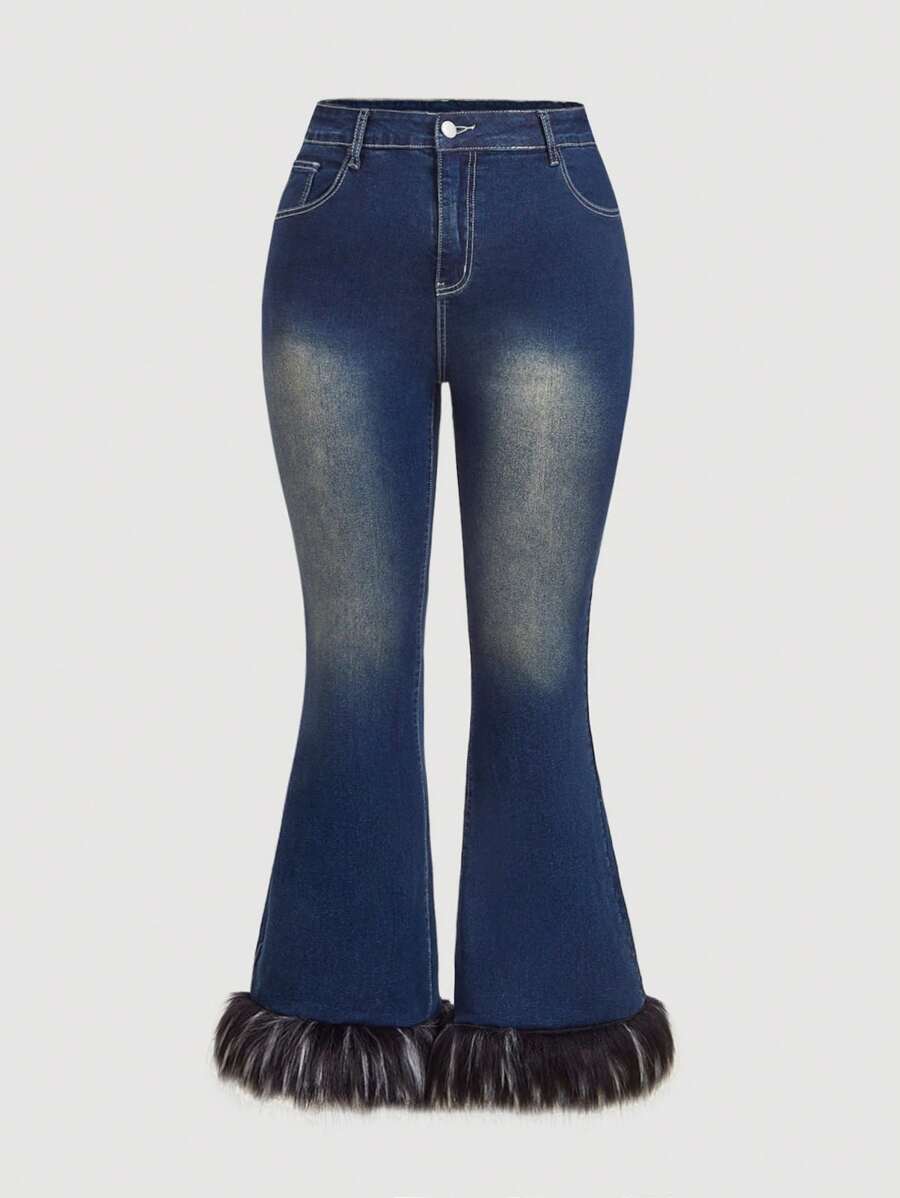 SHEIN ICON 大码蓝色性感街头服饰弹力喇叭牛仔裤 - 中等水洗藍 - 查看 1