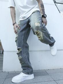 Manfinity Roghcode 男士破洞直筒牛仔裤，磨边牛仔裤，纯色深蓝色长款破洞直筒工装牛仔裤，适合送给老公、男朋友的礼物 - 淺色水洗藍 - 查看 3