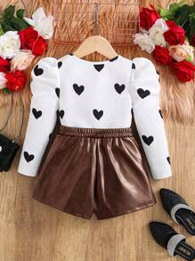 SHEIN Bộ 2 món: Áo crop top tay lỡ họa tiết trái tim đan & quần short da PU trơn dệt cho bé gái - màu nâu - Xem 2