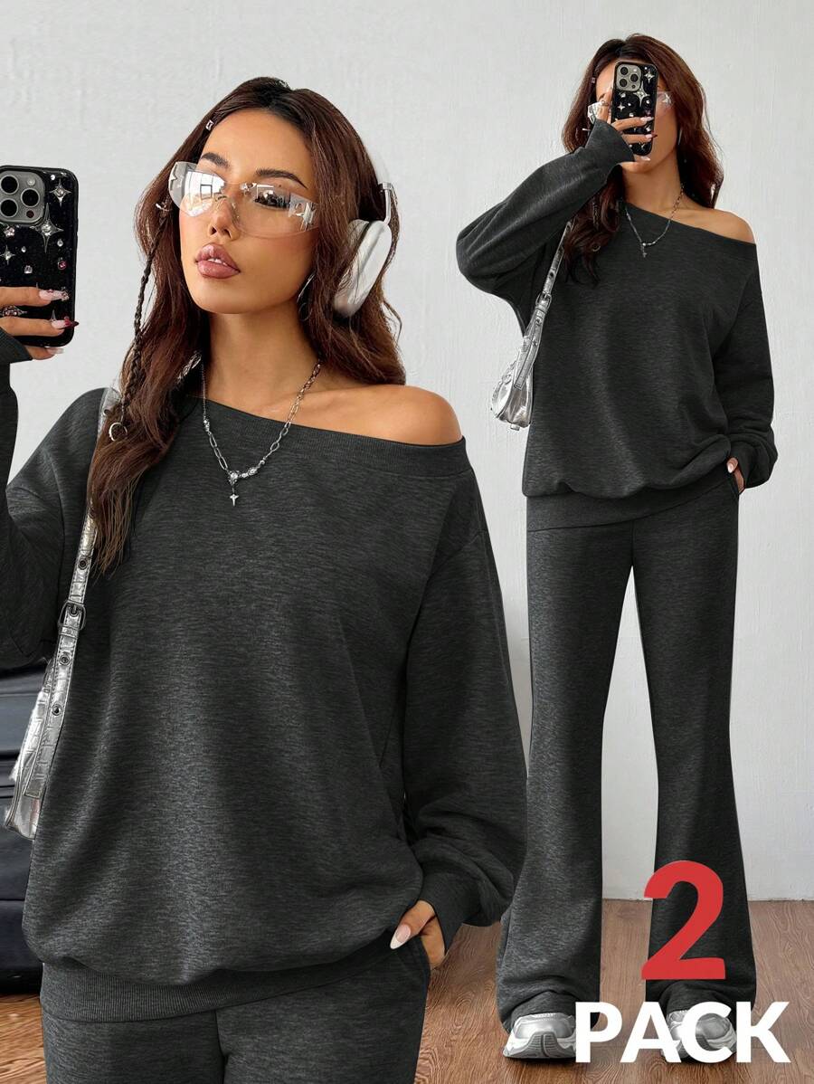 Coolane Women's Fall/Winter Basic Knit Plain Grey Baggy Off The Shoulder Asymmetrical Neck Long Sleeve Sweatshirt & Flare Pants Workout Set,Two Pieces Outfits - Dark Grey - View 1