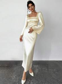 Firerie Váy Maxi Chữ A Ôm Cổ Vuông Màu Be Mới Cho Lễ Hội, Tay Loe, Thắt Lưng, Dáng Vuông, Sang Trọng, Xuân/Hè, Trang Phục Ngày Lễ Tình Nhân - Màu Khaki - Xem 4