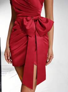 Glamrae Elegant Asymmetric Ruffle Side Bow Split Hem Bodycon Red Dress, Suitable For Dates, Parties, Cocktail, Weddings And Events, Wedding Guest Dress, Party Dress - Red - View 4