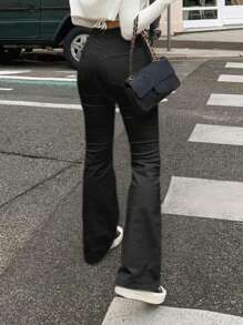 MYOURSA 女式喇叭裤弹力高腰牛仔裤，喇叭裤，优雅休闲日常工作约会街头服饰校园时尚服装纯黑色 - 黑色 - 查看 2