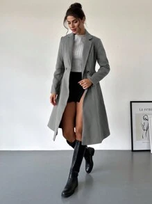 Firerie Abrigo largo hasta la rodilla con mangas largas y cintura ceñida, color morado medio, para mujer