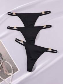 3pcs/Pack Women's Simple Solid Color Metal Decor G-String Panty - Black - View 5