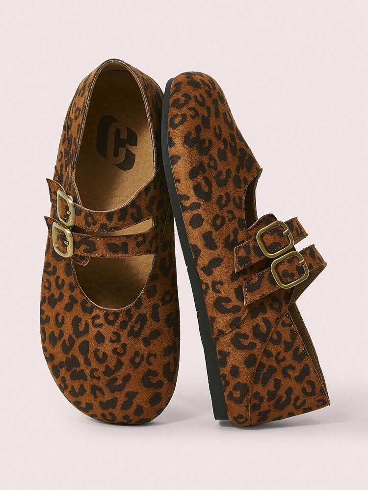 CUCCOO DOLLMOD Leopard Print Double Strap Buckle Round Toe Flat Casual Comfortable Cute Elegant Cloud Leopard Faux Suede Women Mary Jane Flats, Preppy Style Fashion Valentine's Day