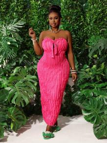 Slaydiva 大码优雅、派对、约会、性感合身纯色紫红色露肩前系带透明面料连衣裙，春夏