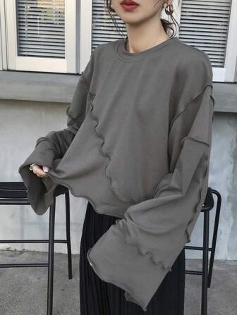FRIFUL Damen weites Crop Sweatshirt mit Rüschensaum, Grau, Frühling