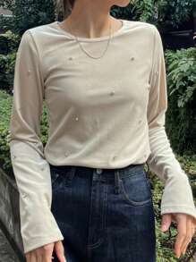 FRIFUL 女士休闲圆领串珠长袖T恤，秋季女装