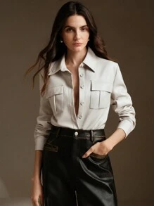 Anewsta Damen Retro Langarm Lederhemd, hochwertiges Gefühl - Beige - Übersicht 1