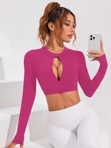 Women's Solid Color Round Neck Long Sleeve Hollow Casual Sports T-Shirt & Tank Topworkout Tank Top
