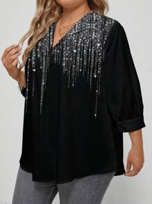 SHEIN LUNE 大码女士 V 领办公室装长袖印花 T 恤，适合秋冬季 - 彩色 - 查看 8