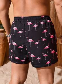 Palasendo 男士火烈鸟印花抽绳腰沙滩短裤，夏威夷风情 - 黑色 - 查看 2