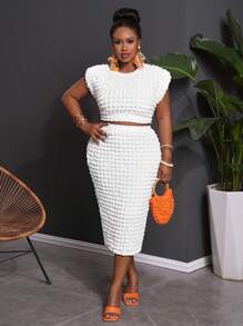 Slaydiva 2pcs/Set Plus Size Women 2025 Casual White Basic Daily & Party Elegant Relaxed Blouse Top With Bubble Textured Fabric & Fitted Skirt - White - View 7