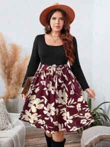 SHEIN LUNE Women's Plus Size Square Neck Long Sleeve Floral Print Elegant Dress,Black Autumn Boho Tea Party Thanksgiving & New Year Winter Long Dress For Women - Red - View 6