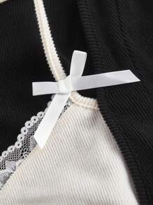 SHEIN MOD 女士秋冬拼色拼接二合一 T 恤、衬衫、长袖蕾丝上衣、长袖蕾丝上衣 - 黑與白 - 查看 3