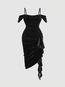 SHEIN MOD Sexy & Süßes Einfarbiges Kleid in Große Größen mit tiefem Ausschnitt, gerafften Ärmeln, Volantbesatz und hohem Schlitz