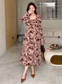 DAZY 情人节玫瑰印花泡泡袖方领中长款连衣裙女士碎花秋季连衣裙长袖连衣裙