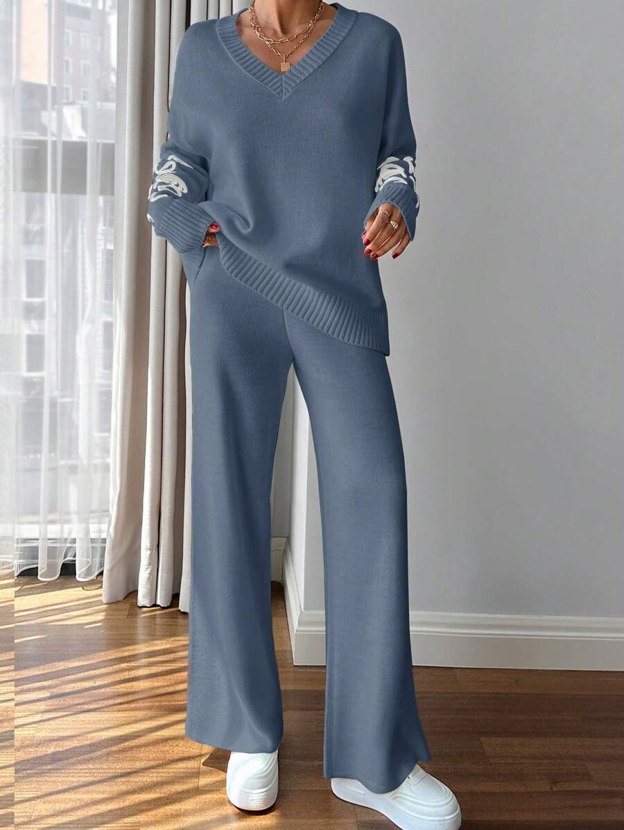 RueChic Women Pink Embroidery Detailed Sweater Set - Baby Blue - View 1