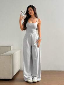 SHEIN Unity Women's Backless Spaghetti Strap Loose Fit Jumpsuit - Light Grey - View 2