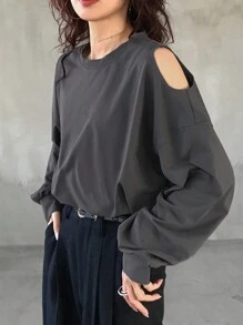 FRIFUL Damska szara jednokolorowa luźna, skrócona koszulka z odkrytymi ramionami, wiosna