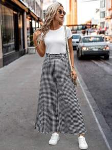 SHEIN Clasi 女款格紋印花紙袋腰休閒寬腿褲-隨機圖案 - 黑與白 - 查看 5