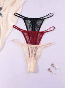 3 piezas Tanga transparente de encaje para mujer - Multicolor - Ver 2