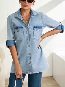 EURMUSE Women's Casual Roll-Up Sleeve Washed Denim Blouse For Autumn - Blue - View 7