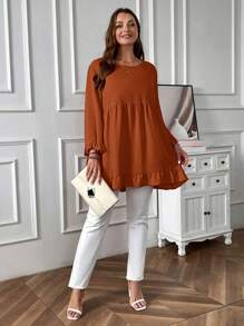 EMERY ROSE Plus Size Casual Plain Ruffle Hem Blouse, Autumn - Brown - View 4