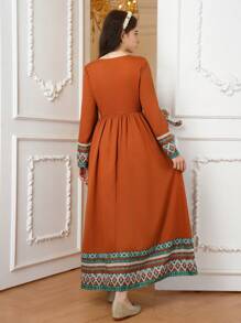 Vestido de manga larga informal con estampado geométrico en tono óxido para adolescentes - Óxido marrón - Ver 2