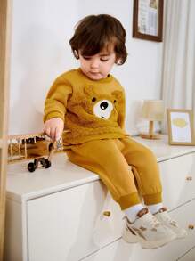 Cozy Pixies 2 件装男婴/女婴卡通熊耳朵装饰混合面料长袖连帽衫和慢跑裤套装，秋冬 - 彩色 - 查看 6