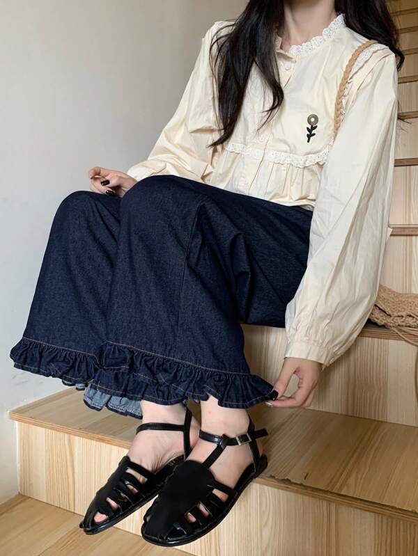 FRIFUL 女式海军蓝高腰直筒七分裤长牛仔裤，荷叶边