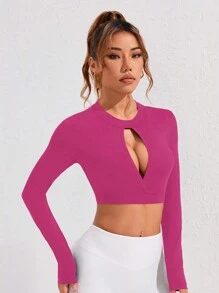 Women's Solid Color Round Neck Long Sleeve Hollow Casual Sports T-Shirt & Tank Topworkout Tank Top