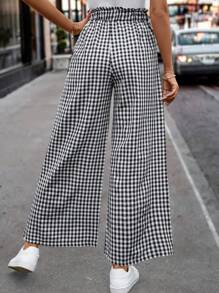 SHEIN Clasi 女款格紋印花紙袋腰休閒寬腿褲-隨機圖案 - 黑與白 - 查看 2