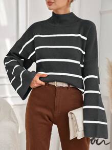 EURMUSE Women's Casual Color Block Striped Stand Collar Bell Sleeve Sweater, Autumn/Winter - Dark Grey - View 5