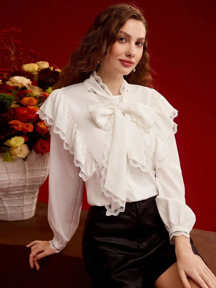 CONTRAST LACE RUFFLE TRIM BLOUSE,VALENTINE'S DAY,SPRING/SUMMER