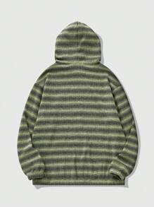 ROMWE MEN Street Life Men's Casual Contrast Striped Drawstring Hooded Sweatshirt For Autumn - Army Green - View 2