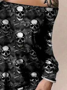 INAWLY 大码女式哥特式全身骷髅印花露肩连衣裙 - 黑色 - 查看 3