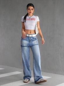 SHEIN EZwear Women's Casual Washed 2 In 1 Denim Pants - Light Wash - View 7