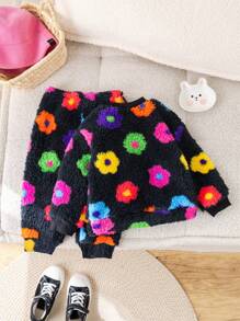 SHEIN Leap Crew Bộ đồ dài tay in hoa dễ thương cho bé gái, ấm áp cho mùa thu/đông - Xám - Xem 2