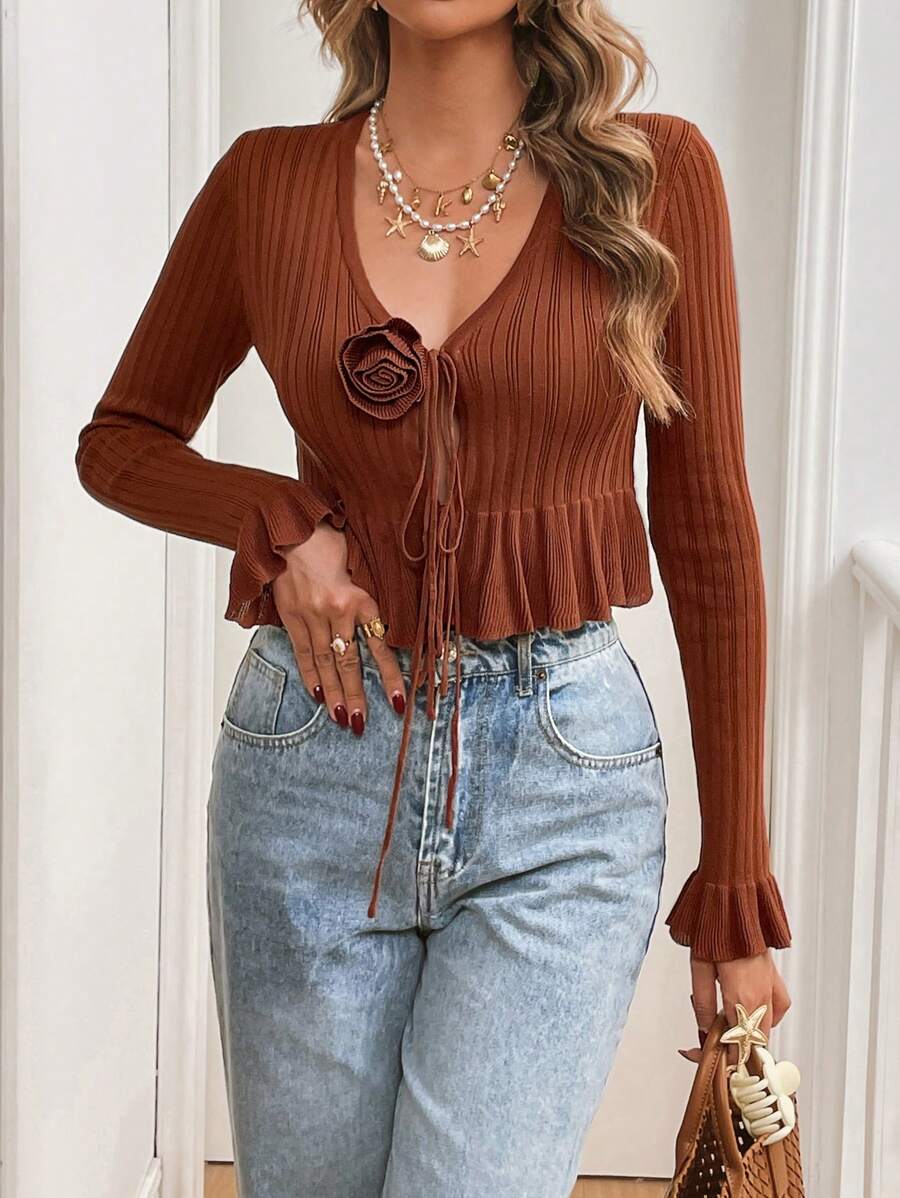 SHEIN VCAY Vacation Solid Color Long Sleeve Knitted Cardigan For Women - Brown - View 1