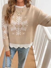 SHEIN Frenchy 女士圣诞撞色雪花图案长袖保暖拉绒针织毛衣，秋冬季，波浪形滚边撞色下摆，感恩节、圣诞节毛衣，家庭装，休闲服饰 - 杏色 - 查看 5