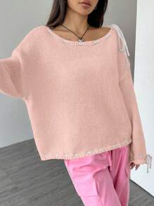 SHEIN MOOSTA Women Contrast Color Panel Lace-Up Long Sleeve Casual Knit Pullover Fall Winter Sweater - Baby Pink - View 6