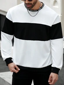 Manfinity Homme Plus Size Men's Letter Print Round Neck Long Sleeve Casual Sweatshirt, Autumn/Winter - Black and White - View 4