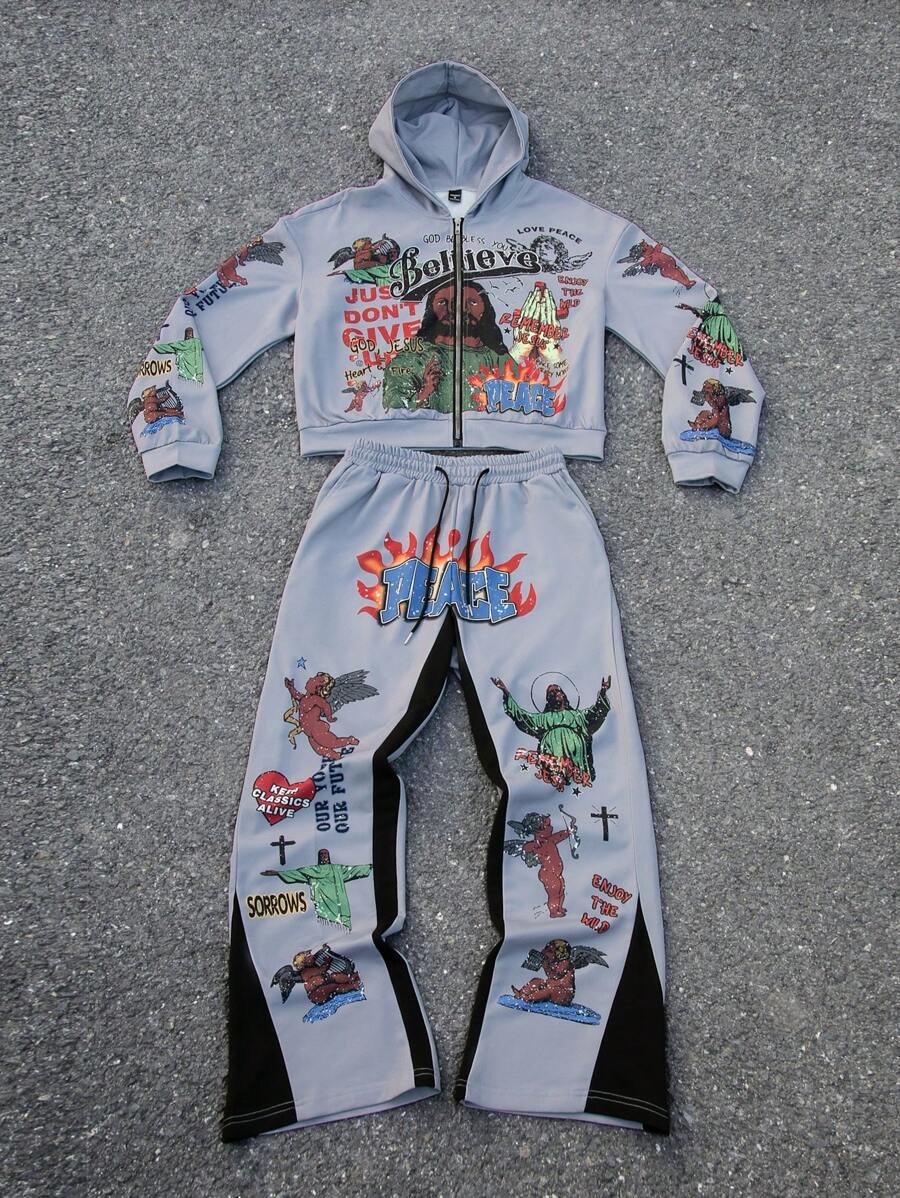 Manfinity EMRG Men's Zip-Up Hoodie And Pants Set, Figure Print, Minimalist Design