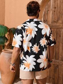 Manfinity Swimmode Men's Beach Vacation Floral Print Short Sleeve Shirt And Drawstring Waist Shorts Casual Set - Black - View 2