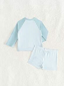 SHEIN 2pcs/Set Baby Boys Swimsuit, Fashionable Casual Striped Long Sleeve Top And Swim Trunks